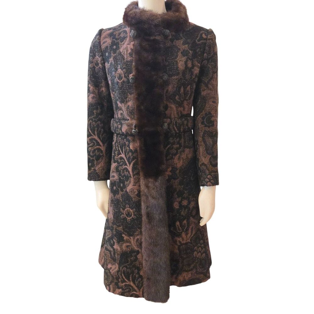 VTG 60s 70s Golet Brown Brocade Coat Fit Flare Womens XS/S Mink Collar Placket‎